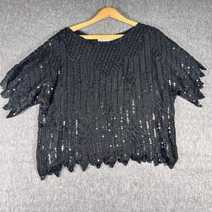 100% Silk Beaded Sequin Black Blouse Women's Size M Ann Katrine‎ Party Vintage